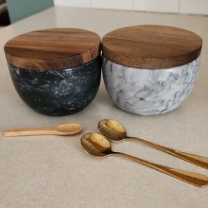 2 Pc Marble and Wood Salt & Pepper Storage Bowls